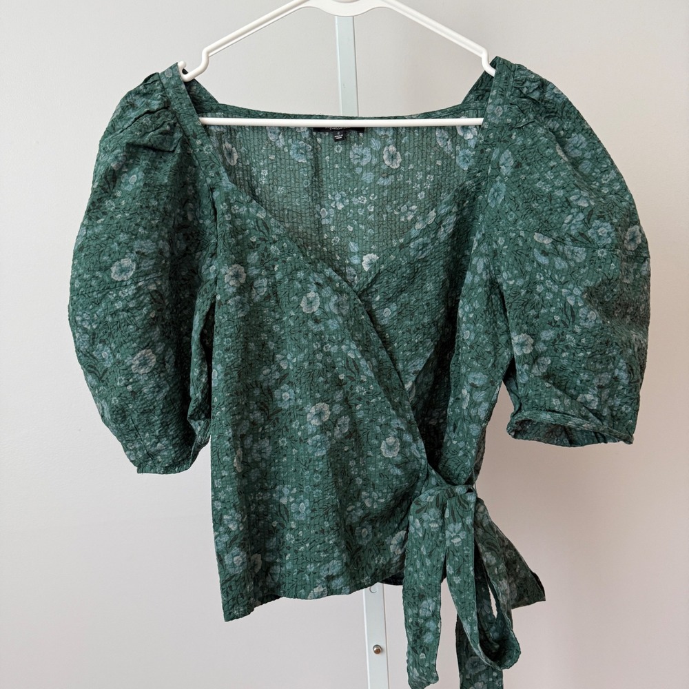 Madewell Cotton Prairie Peasant Boho Floral Puff Sleeve Wrap Top Small Green
